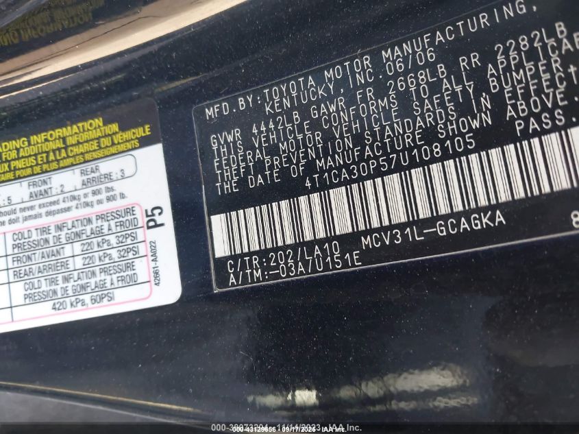 2007 Toyota Camry Solara Sle V6 VIN: 4T1CA30P57U108105 Lot: 43129656