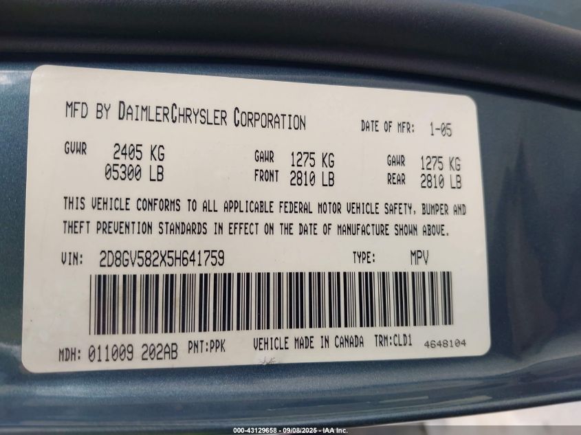 2005 Dodge Magnum Rt VIN: 2D8GV582X5H641759 Lot: 43129658