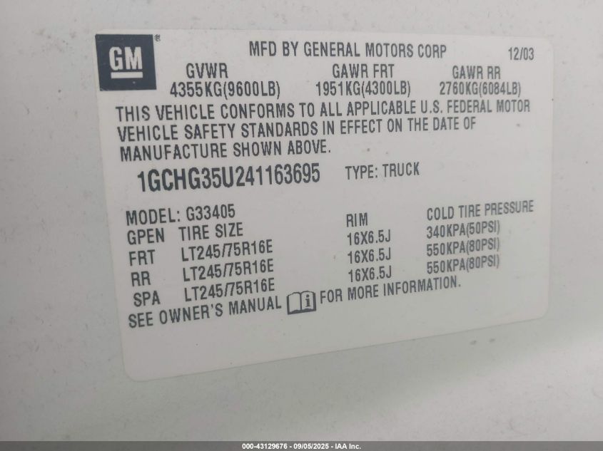 2004 Chevrolet Express VIN: 1GCHG35U241163695 Lot: 43129676