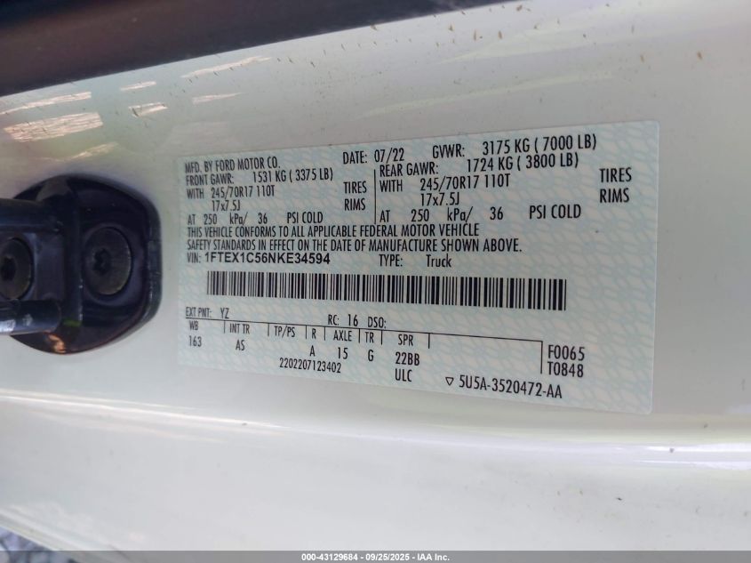 2022 Ford F-150 Xl VIN: 1FTEX1C56NKE34594 Lot: 43129684