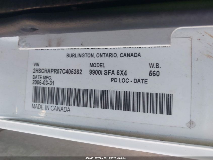 2007 International 9900 9900I VIN: 2HSCHAPR57C405362 Lot: 43129706