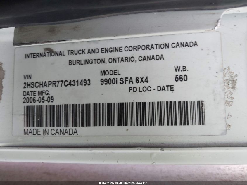 2007 International 9900 9900I VIN: 2HSCHAPR77C431493 Lot: 43129713