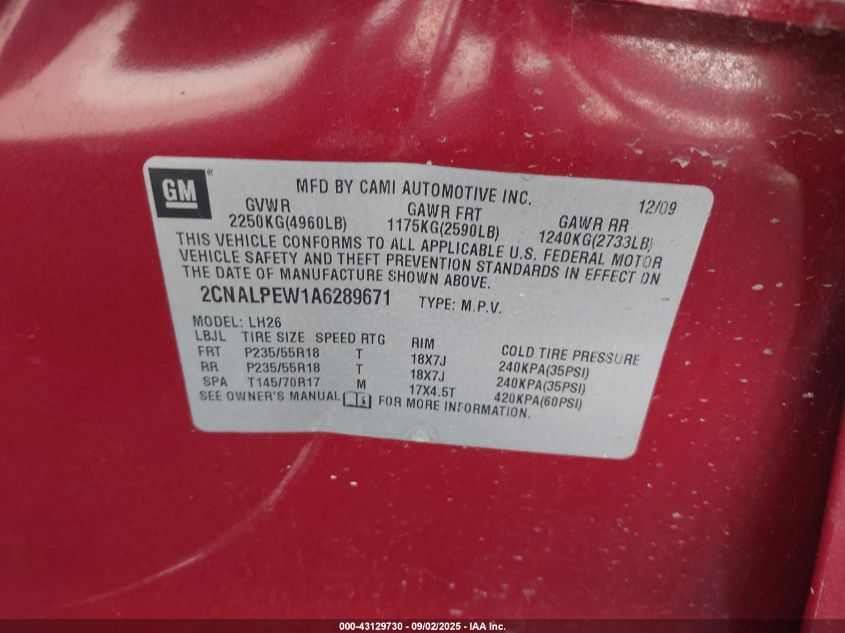 2010 Chevrolet Equinox Lt VIN: 2CNALPEW1A6289671 Lot: 43129730