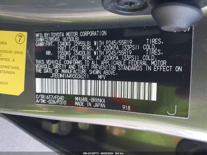 2009 Toyota Highlander Hybrid VIN: JTEEW41A492036211 Lot: 43129773