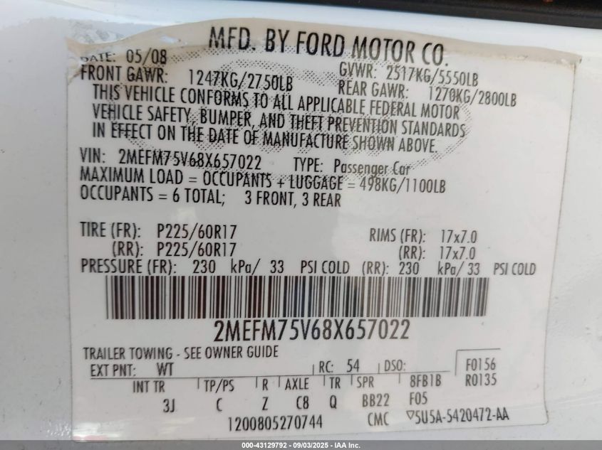 2008 Mercury Grand Marquis Ls VIN: 2MEFM75V68X657022 Lot: 43129792