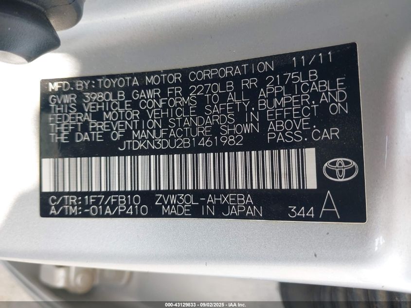 2011 Toyota Prius Two VIN: JTDKN3DU2B1461982 Lot: 43129833