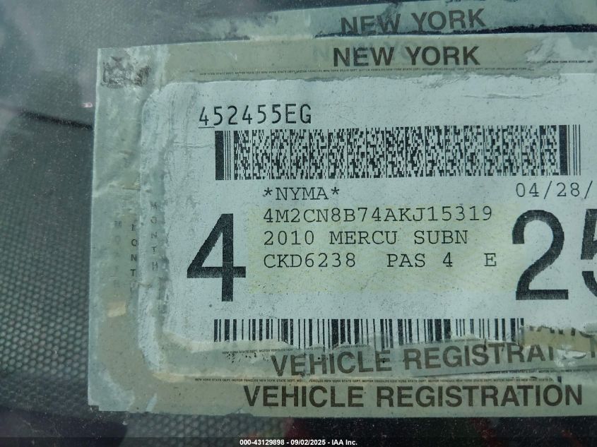 2010 Mercury Mariner VIN: 4M2CN8B74AKJ15319 Lot: 43129898