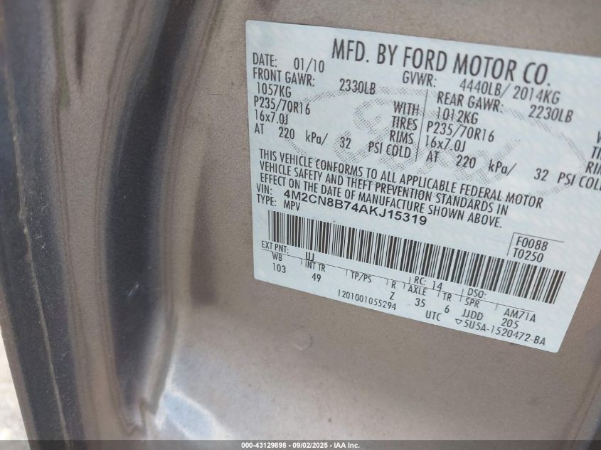 2010 Mercury Mariner VIN: 4M2CN8B74AKJ15319 Lot: 43129898