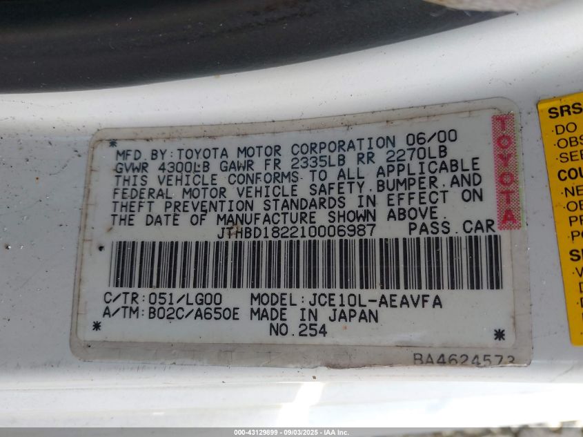 2001 Lexus Is 300 VIN: JTHBD182210006987 Lot: 43129899