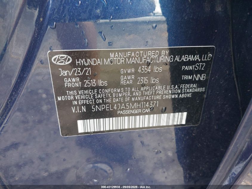 2021 Hyundai Sonata Sel VIN: 5NPEL4JA5MH114371 Lot: 43129938