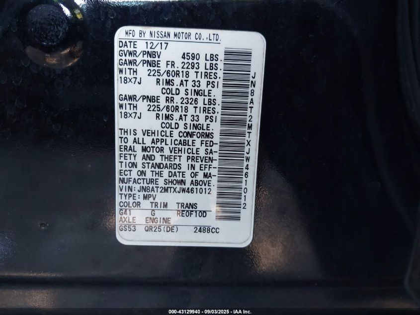 2018 Nissan Rogue Sl VIN: JN8AT2MTXJW461012 Lot: 43129940