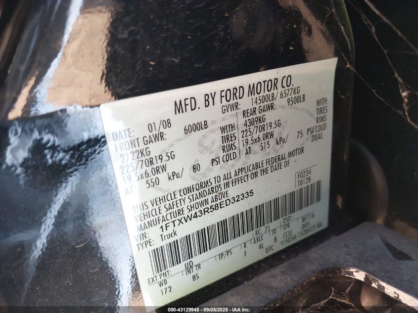 2008 Ford F-450 King Ranch/Lariat/Xl/Xlt VIN: 1FTXW43R58ED32335 Lot: 43129948