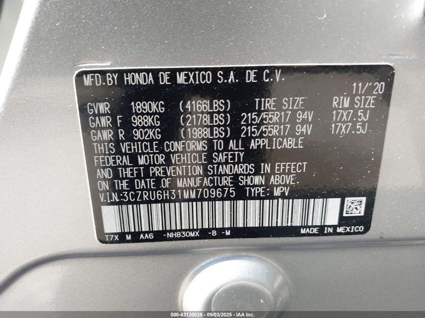 2021 Honda Hr-V Awd Lx VIN: 3CZRU6H31MM709675 Lot: 43130026