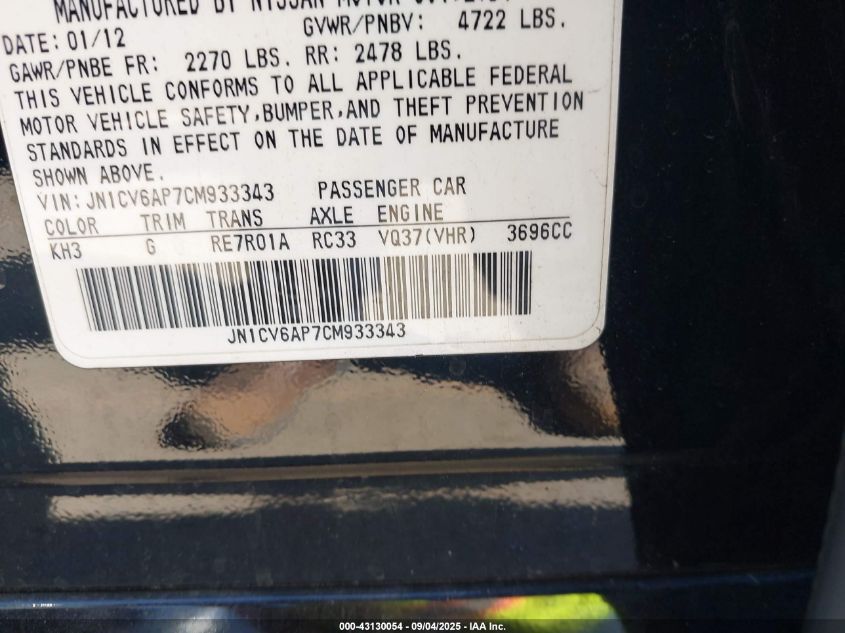 2012 Infiniti G37 Journey VIN: JN1CV6AP7CM933343 Lot: 43130054