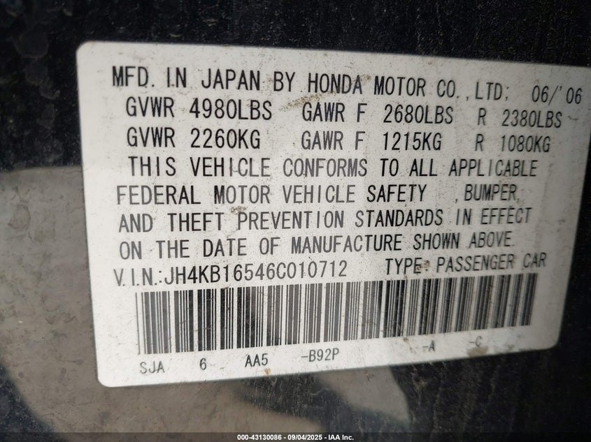 2006 Acura Rl 3.5 VIN: JH4KB16546C010712 Lot: 43130086