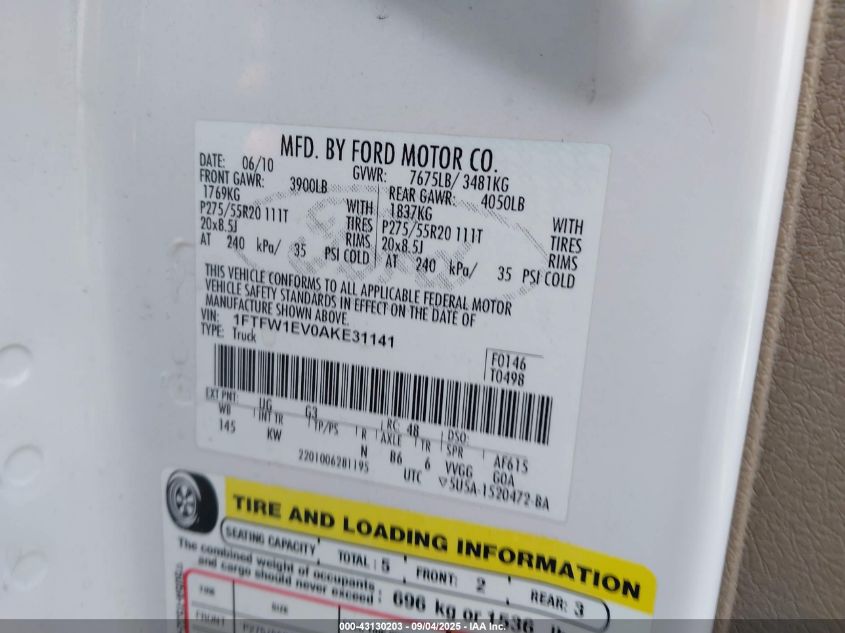 2010 Ford F-150 Fx4/Harley-Davidson/King Ranch/Lariat/Platinum/Xl/Xlt VIN: 1FTFW1EV0AKE31141 Lot: 43130203