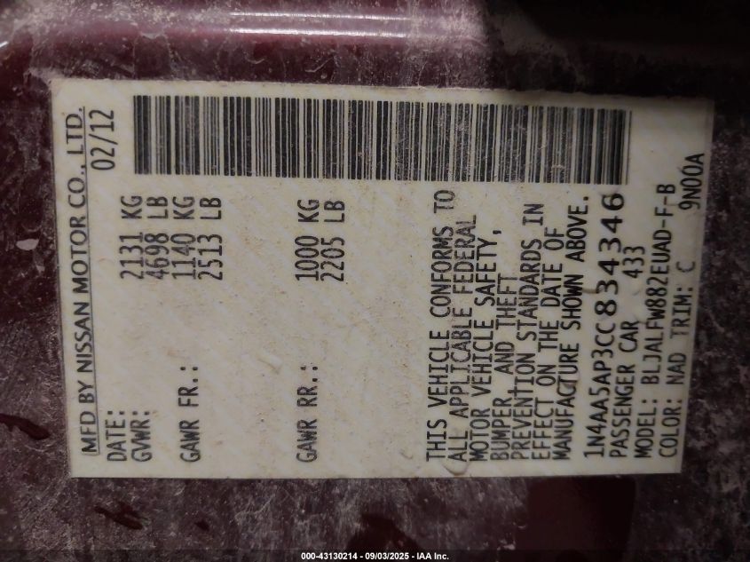 2012 Nissan Maxima 3.5 Sv VIN: 1N4AA5AP3CC834346 Lot: 43130214