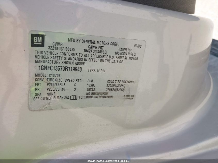 2009 Chevrolet Tahoe Hybrid VIN: 1GNFC13579R119940 Lot: 43130230