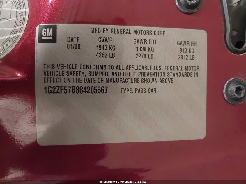 2008 Pontiac G6 Value Leader VIN: 1G2ZF57B884205567 Lot: 43130311