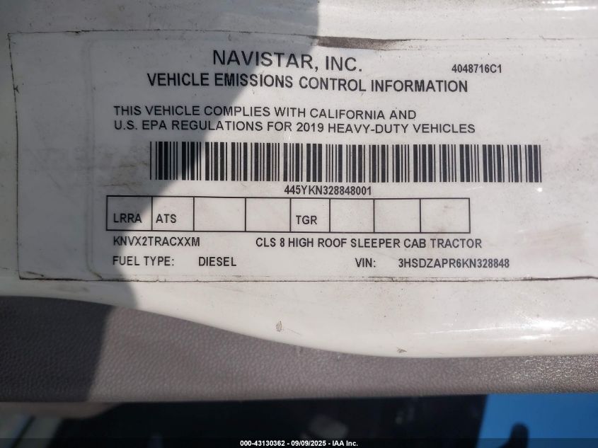 2019 International Lt VIN: 3HSDZAPR6KN328848 Lot: 43130362