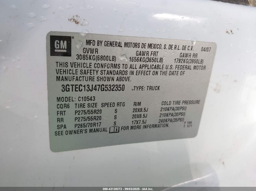 2007 GMC Sierra 1500 Sle1 VIN: 3GTEC13J47G532350 Lot: 43130372