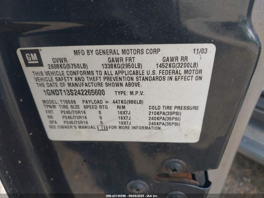 2004 Chevrolet Trailblazer Lt VIN: 1GNDT13S242265600 Lot: 43130396