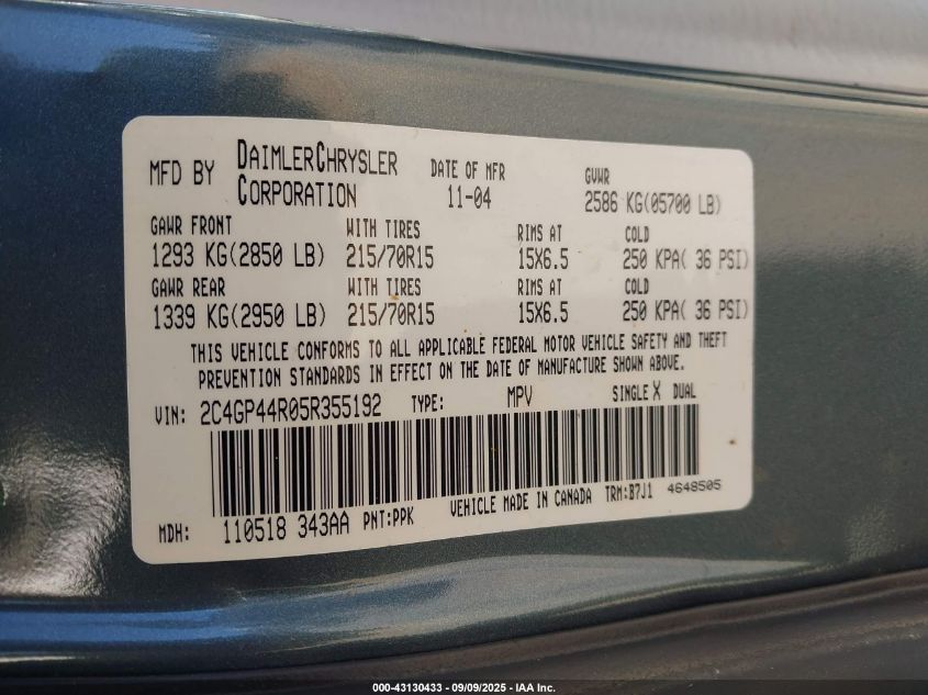 2005 Chrysler Town & Country Lx VIN: 2C4GP44R05R355192 Lot: 43130433