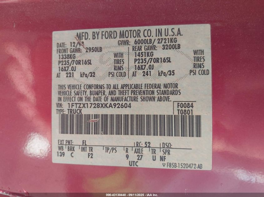 1999 Ford F-150 Work Series/Xl/Xlt VIN: 1FTZX1728XKA92604 Lot: 43130448