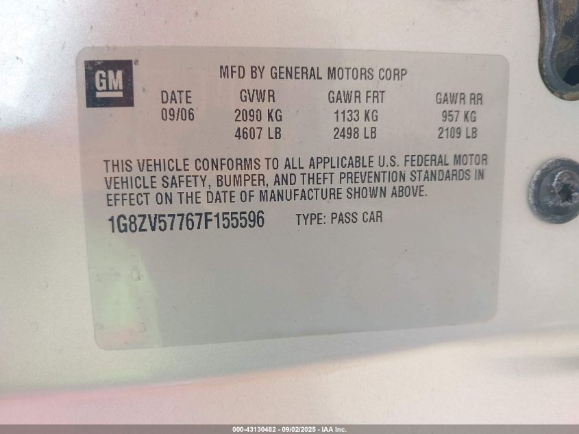 2007 Saturn Aura Xr VIN: 1G8ZV57767F155596 Lot: 43130482