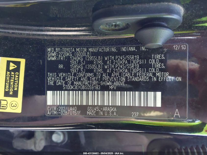 2011 Toyota Highlander Limited V6 VIN: 5TDDK3EH3BS059183 Lot: 43130483