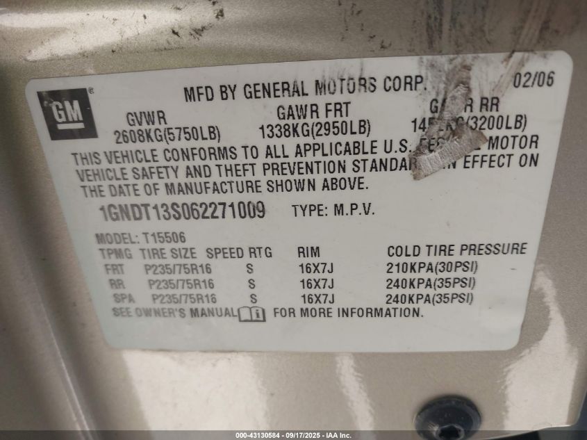 2006 Chevrolet Trailblazer Ls VIN: 1GNDT13S062271009 Lot: 43130584