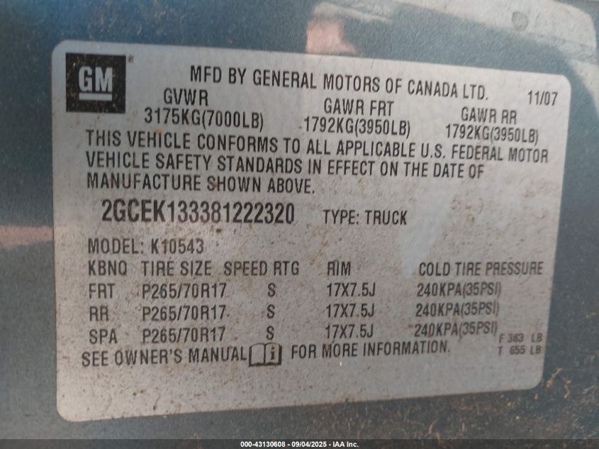 2008 Chevrolet Silverado 1500 Lt1 VIN: 2GCEK133381222320 Lot: 43130608