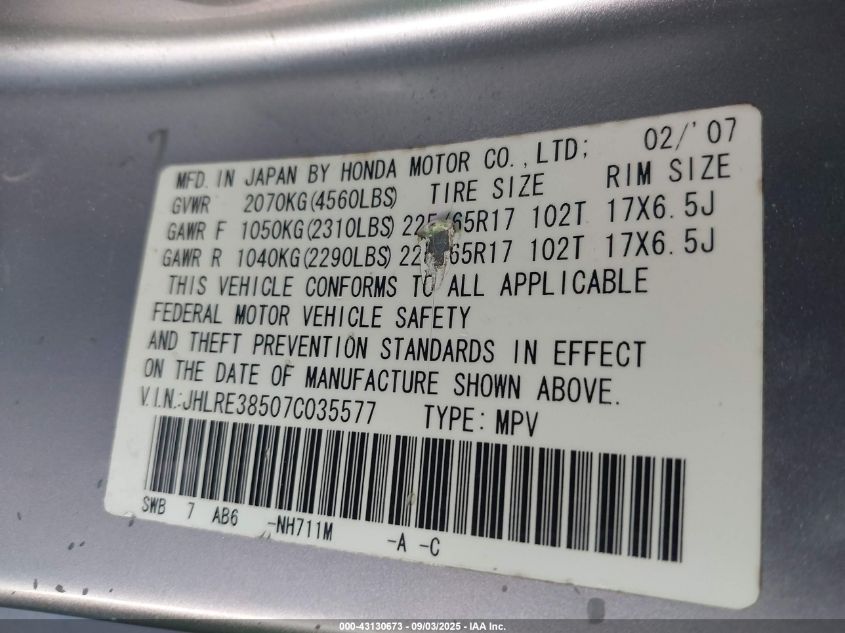 2007 Honda Cr-V Ex VIN: JHLRE38507C035577 Lot: 43130673