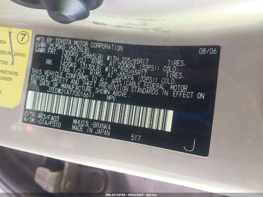 2007 Toyota Highlander Hybrid V6 VIN: JTEDW21A770016611 Lot: 43130768