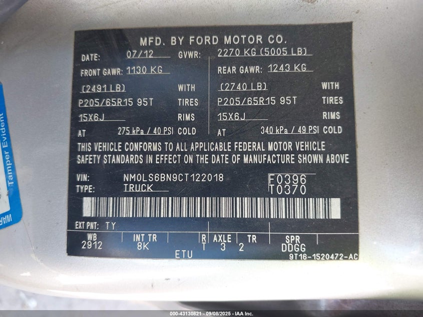 2012 Ford Transit Connect Xlt VIN: NM0LS6BN9CT122018 Lot: 43130821