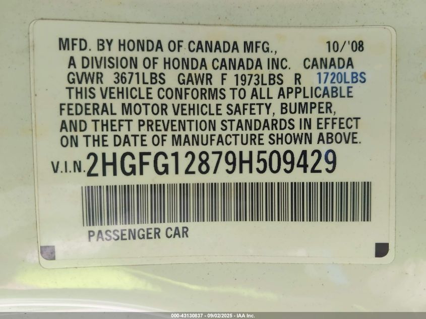 2009 Honda Civic Ex VIN: 2HGFG12879H509429 Lot: 43130837