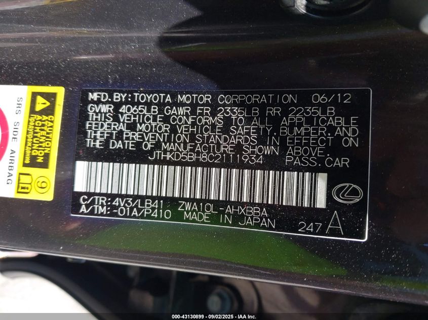 2012 Lexus Ct 200H Premium VIN: JTHKD5BH8C2111934 Lot: 43130899