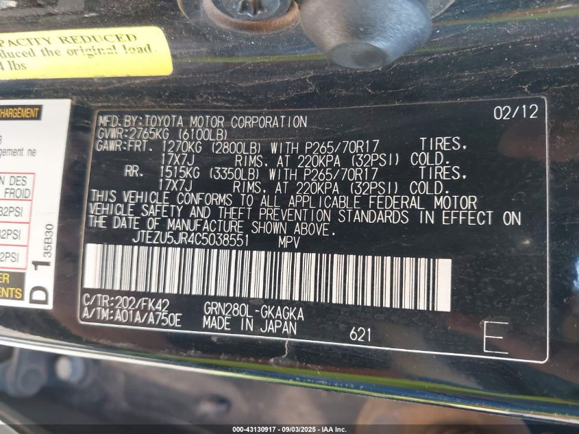 2012 Toyota 4Runner Sr5 VIN: JTEZU5JR4C5038551 Lot: 43130917