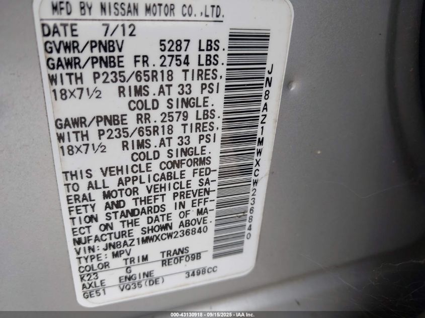 2012 Nissan Murano Sl VIN: JN8AZ1MWXCW236840 Lot: 43130918