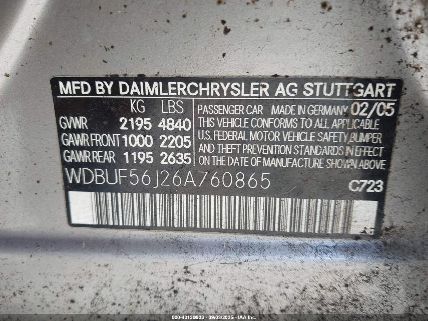 2006 Mercedes-Benz E 350 VIN: WDBUF56J26A760865 Lot: 43130933