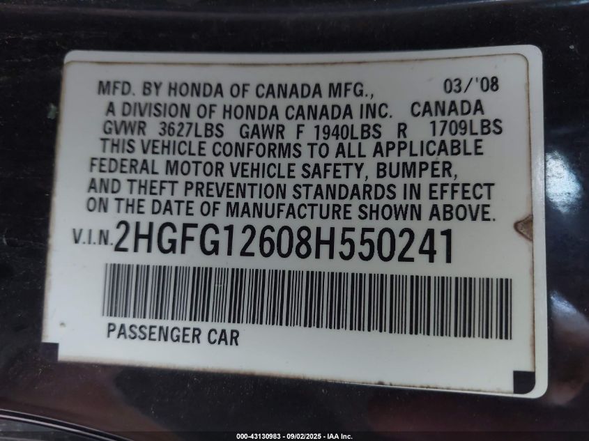2008 Honda Civic Lx VIN: 2HGFG12608H550241 Lot: 43130983