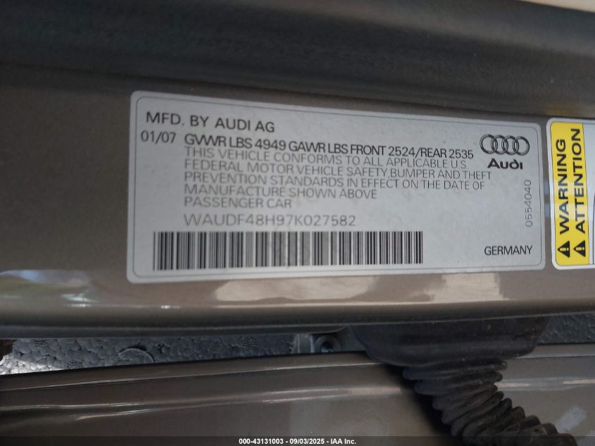 2007 Audi A4 2.0T VIN: WAUDF48H97K027582 Lot: 43131003