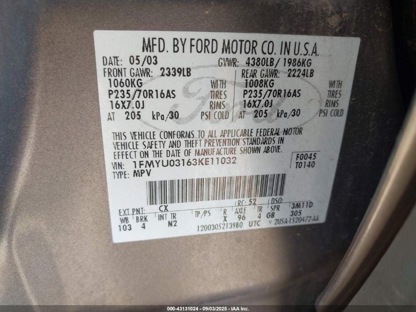 2003 Ford Escape Xlt VIN: 1FMYU03163KE11032 Lot: 43131024