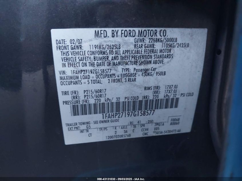 2007 Ford Five Hundred Sel VIN: 1FAHP27197G158577 Lot: 43131030