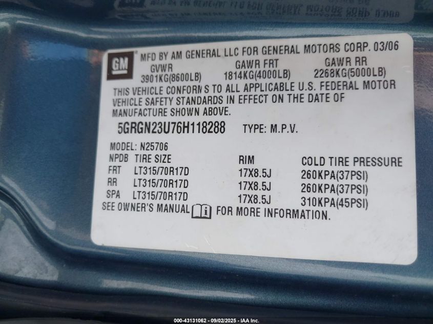 2006 Hummer H2 Suv VIN: 5GRGN23U76H118288 Lot: 43131062