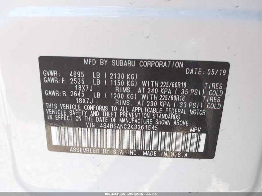 2019 Subaru Outback 2.5I Limited VIN: 4S4BSANC2K3361545 Lot: 43131065