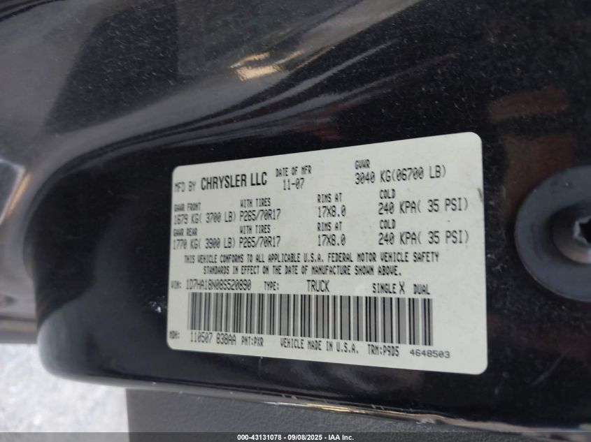 2008 Dodge Ram 1500 St/Sxt VIN: 1D7HA18N08S520890 Lot: 43131078
