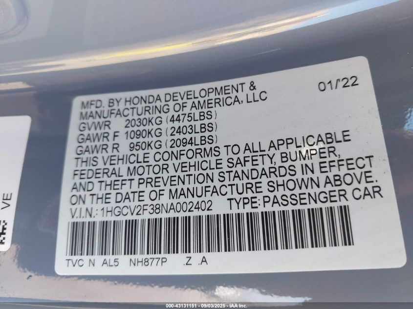 2022 Honda Accord Sport 2.0T VIN: 1HGCV2F38NA002402 Lot: 43131151