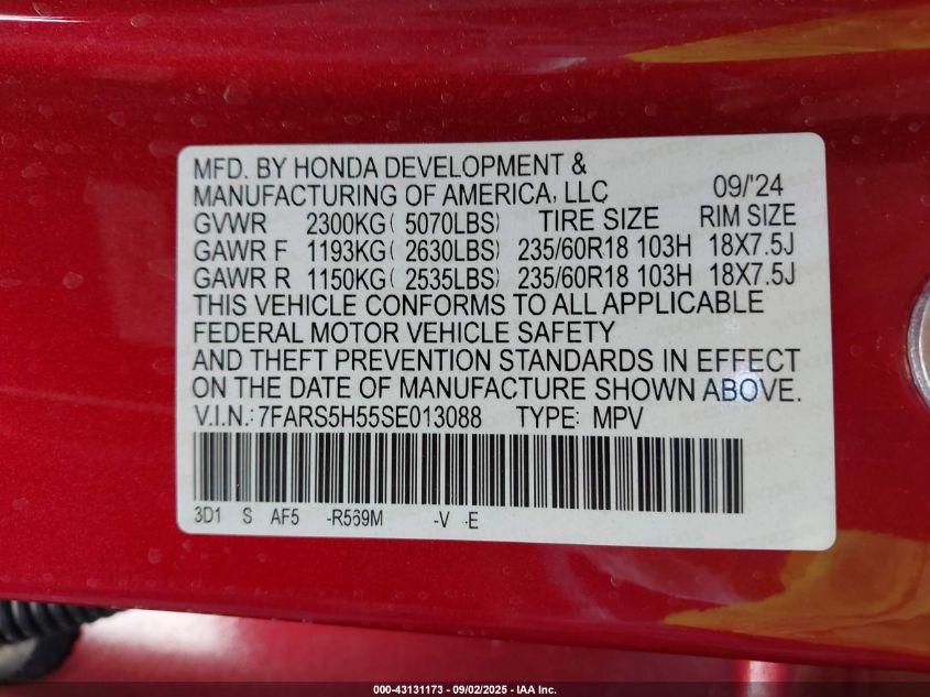 2025 Honda Cr-V Hybrid Sport VIN: 7FARS5H55SE013088 Lot: 43131173