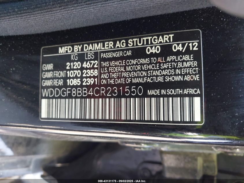 2012 Mercedes-Benz C 300 Sport 4Matic VIN: WDDGF8BB4CR231550 Lot: 43131175